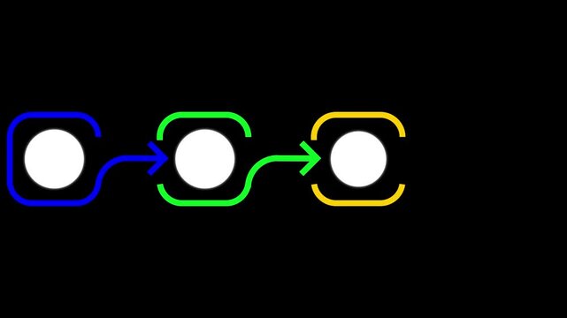 Colorful outlined squares connected by arrows on black background. Ideal for workflow flowcharts, business processes, and sequential timelines.