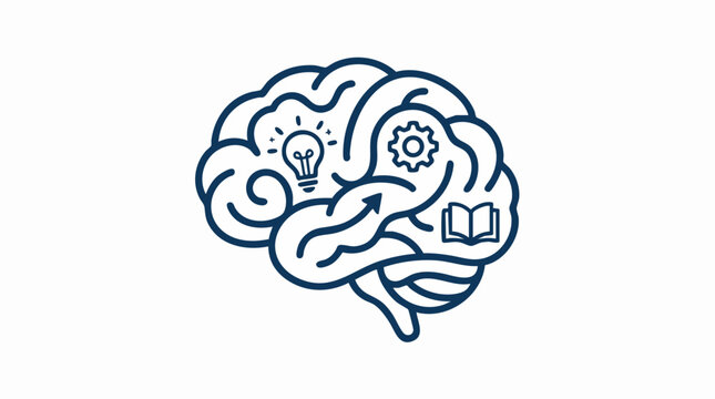 Minimalist human brain line art, creative thinking and intelligence concept vector, mental health and education icons inside a brain profile