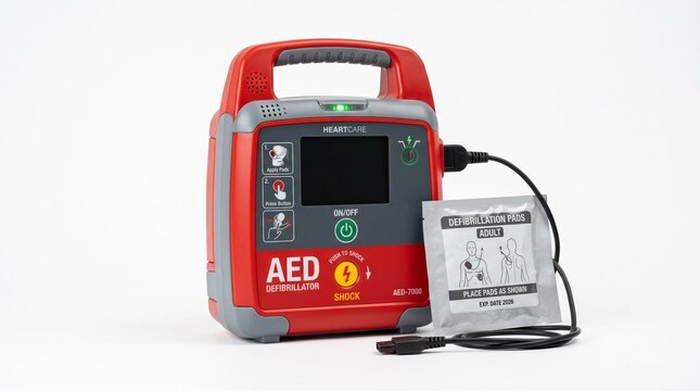 Automated external defibrillator AED medical equipment with electrode pads package isolated on white background for first aid