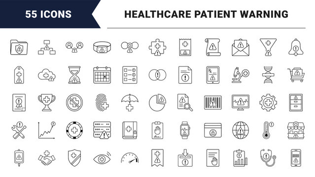 Medication allergy alert line icon set. Vector pictograms of medical warning, patient safety, pharmacy healthcare, and clinical alert elements, thin linear illustration.