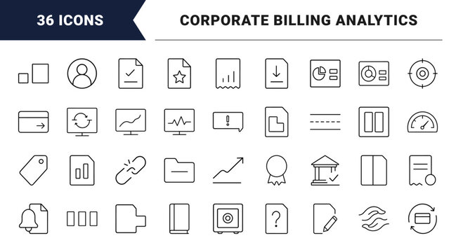 Commercial finance line icon set. Vector pictograms of payment variance, invoice reconciliation, billing audit, and financial discrepancy elements, thin linear illustration.