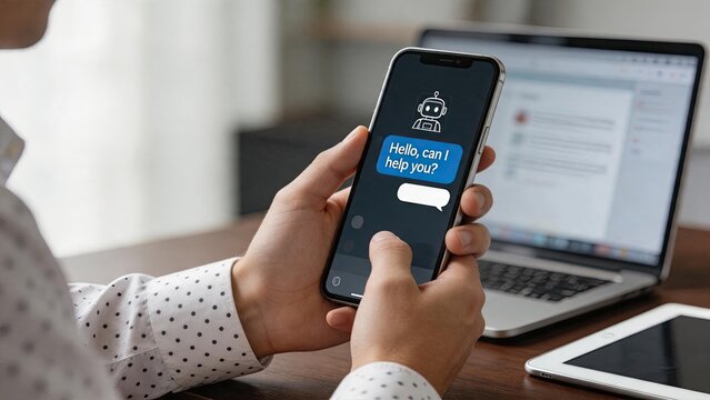 Person holding smartphone with chatbot interface, AI customer service support on screen, digital assistant communication, virtual helper concept, modern technology usage in hand,