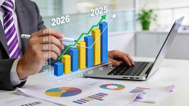 Financial success and growth forecast concept, businessman drawing rising arrow on 2025 2026 bar chart, profit increase, investment return or economic recovery planning for future