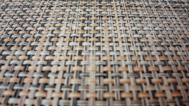 A detailed macro shot of a woven material reveals an intricate pattern of interlaced fibers in neutral tones