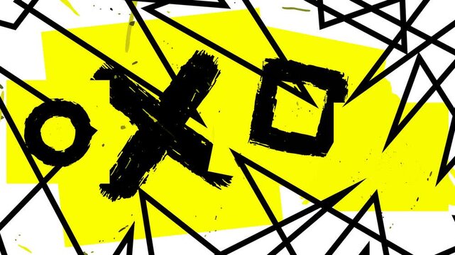 Abstract hand drawn brush stroke geometric symbols on bright yellow background featuring grunge textures and simulated digital distortion effects