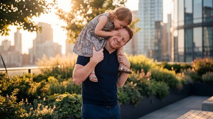 Fototapeta premium Young daughter kissing happy father on cheek during piggyback ride outdoors