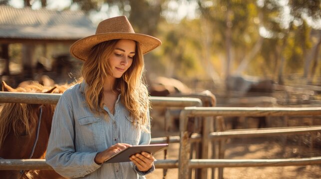Young woman in cowboy hat using tablet in sunlit ranch stable with horse