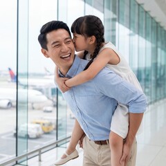 Naklejka premium Father giving daughter piggyback ride in luxury airport lounge