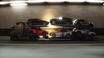 Fototapeta premium A 3d model of car transporter carrying cars drives through a tunnel at high speed. Transport business concept. 3d rendering.