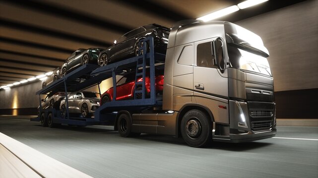 A 3d model of car transporter carrying cars drives through a tunnel at high speed. Transport business concept. 3d rendering.