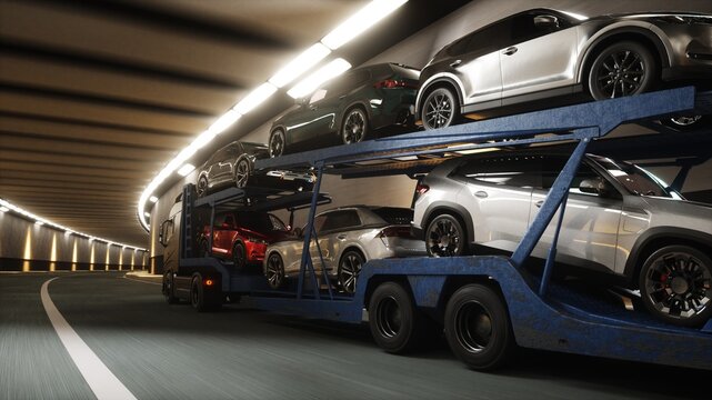 A 3d model of car transporter carrying cars drives through a tunnel at high speed. Transport business concept. 3d rendering.