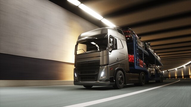 A 3d model of car transporter carrying cars drives through a tunnel at high speed. Transport business concept. 3d rendering.