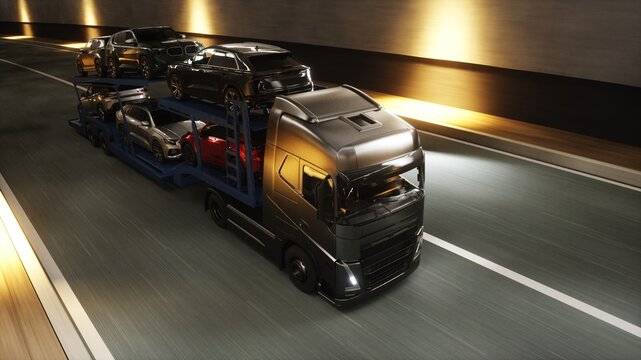 A 3d model of car transporter carrying cars drives through a tunnel at high speed. Transport business concept. 3d rendering.