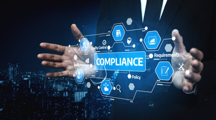 Fototapeta premium A business professional showcases the concept of compliance with a digital interface in a night urban setting, emphasizing quality control and policy requirements. Tessel