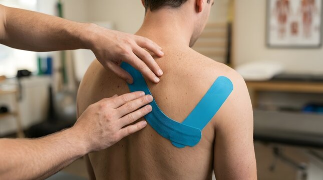 Rear view of a physical therapist applying blue kinesiology tape to a man's shoulder and upper back.