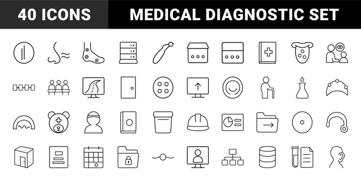 Sensory health screening line icon set. Vector pictograms of vision assessment, hearing screening, neurological diagnostics, and clinical patient care elements, thin linear illustration.