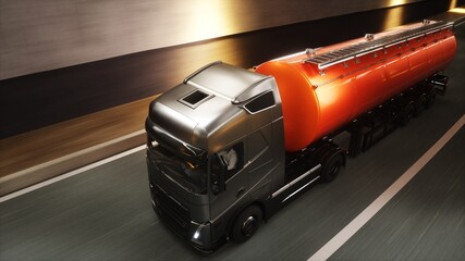 Naklejka premium 3d model red oil Tanker Truck Driving Through Modern Highway Tunnel. 3d rendering.