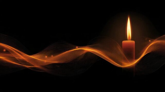 A lit candle with orange flame and flowing energy lines against a black background