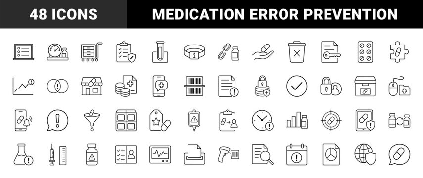 Medication error prevention line icon set. Vector pictograms of patient safety, pharmacy compliance, clinical workflow, and drug administration elements, thin linear illustration.