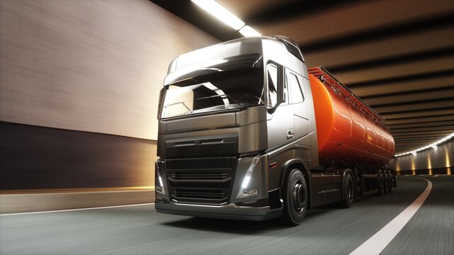 3d model red oil Tanker Truck Driving Through Modern Highway Tunnel. 3d rendering.