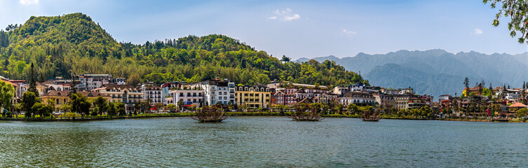 Fototapeta premium A view towards the south shore of the Sapa Lake in Sapa, Vietnam, in the morning