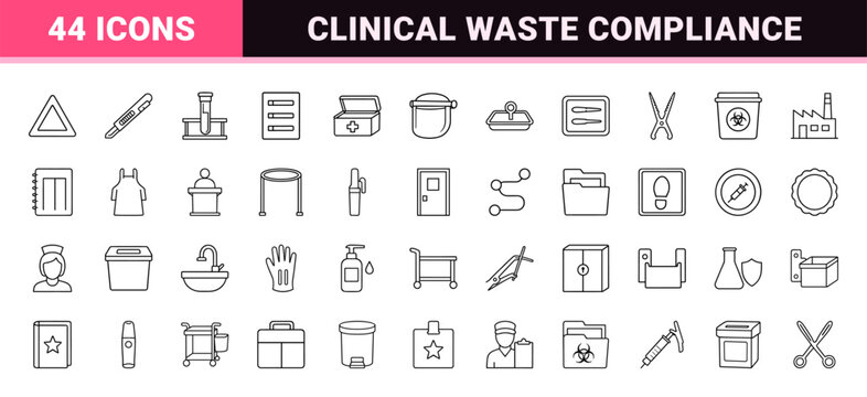 Sharps safety program line icon set. Vector pictograms of medical waste, biohazard disposal, clinical compliance, and needle stick prevention elements, thin linear illustration.