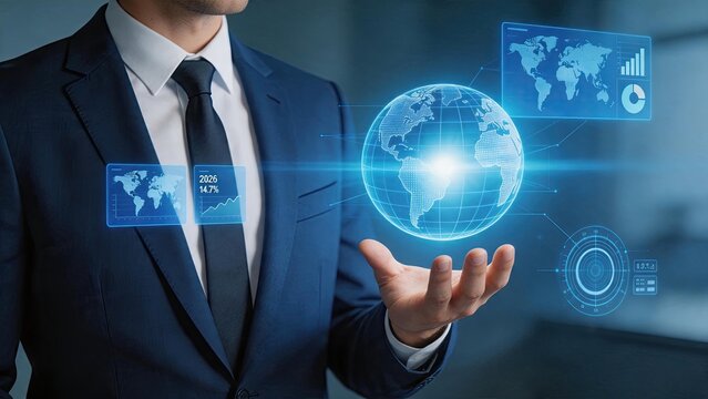 Businessman holding futuristic holographic globe with data charts and world map interface, representing global technology, digital innovation, international business strategy and