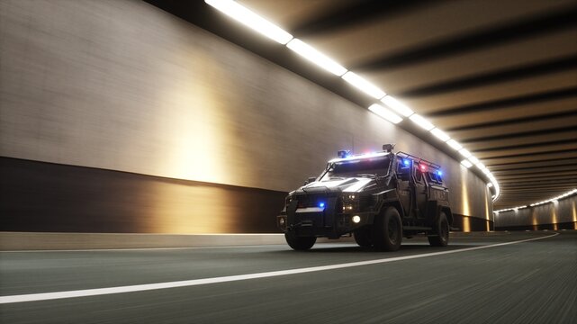 3d model swat, Police Tactical Vehicle Driving Through Tunnel with Flashing Lights. 3d rendering.