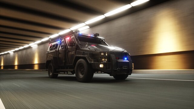 3d model swat, Police Tactical Vehicle Driving Through Tunnel with Flashing Lights. 3d rendering.