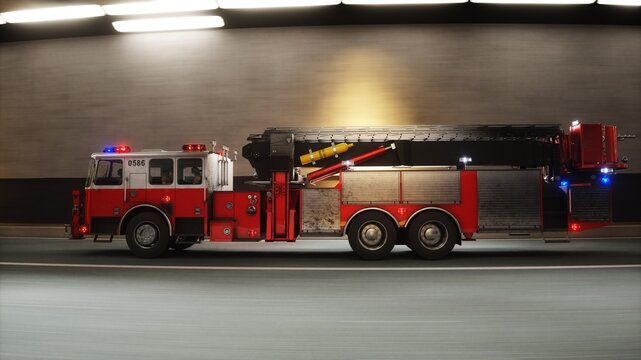 Fire Truck 3d model Speeding Through Tunnel with Flashing Emergency Lights. 3d rendering.