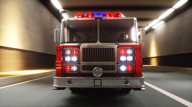 Fire Truck 3d model Speeding Through Tunnel with Flashing Emergency Lights. 3d rendering.