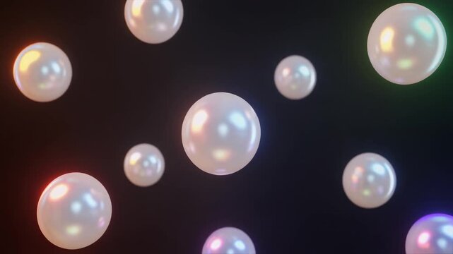 パールホワイトの球が虹色の光で浮遊する シームレスループ動画背景 16:9 4K