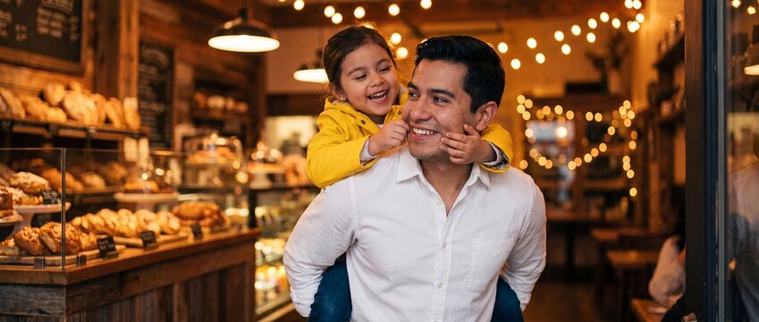 Little daughter giving sweet kiss to father cheek during fun piggyback ride