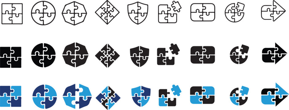 Puzzle Piece Icons Set &ndash; Teamwork, Collaboration and Problem Solving Vector Collection. Concept of riddle, problem solving, thinking challenge and incomplete puzzle for education, quizzes .eps 10