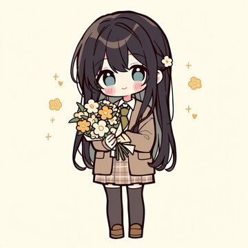 adorable girl holding flowers in school uniform
