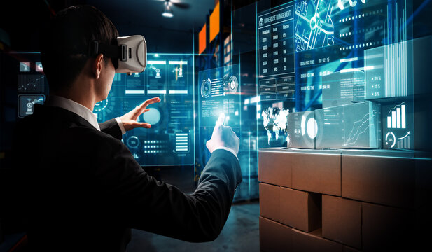 Future virtual reality technology for innovative VR warehouse management . Concept of smart technology for industrial revolution and automated logistic control .