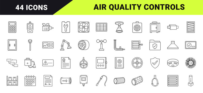Ventilation safety check line icon set. Vector pictograms of hvac system, air quality, inspection compliance, and duct maintenance elements, thin linear illustration.