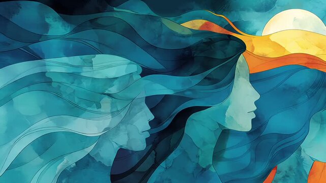 Female diversity. Human rights, equal opportunity concept. A vivid, abstract digital artwork features three silhouettes of women, each with flowing, flowing hair in blue, orange, and turquoise hues.