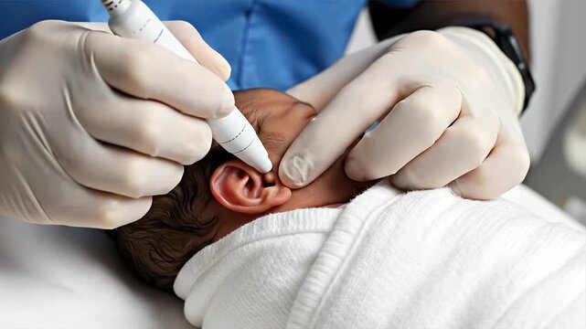 A medical professional examines a patient's ear to diagnose issues related to deaf, tinnitus, and hearing problems.