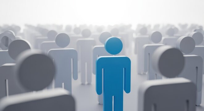 Stand Out From The Crowd: Blue Figure Leading a Group of White Silhouettes in Abstract Business Concept