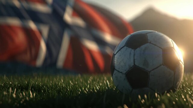 Close-up of a soccer ball on grass with a blurred Norwegian flag in the background during sunset.