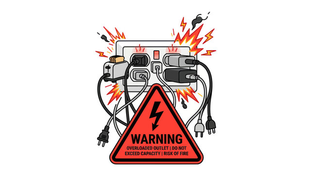 Electrical Hazard: Overloaded Power Strip with Sparks and Warning Sign