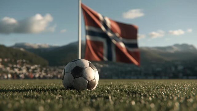 Soccer ball on grass field with Norwegian flag waving in background under cloudy sky.