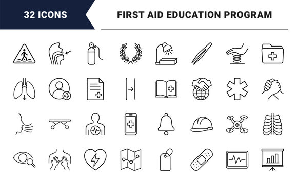 Basic Life Support Training line icon set. Vector pictograms of emergency response, cardiopulmonary resuscitation, first aid care, and medical education elements, thin linear illustration.
