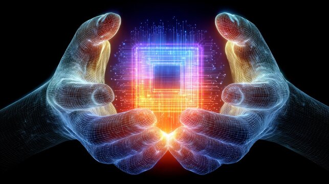 Cpu atom: the radiant core of advanced artificial intelligence. Design template. Artistic ai concept with luminous cpu atom and wireframe hands. Minimal design. Creative poster.