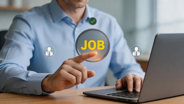 Job search and recruitment hiring process concept with businessman touching virtual job button icon on laptop, representing career opportunity, employment application, human