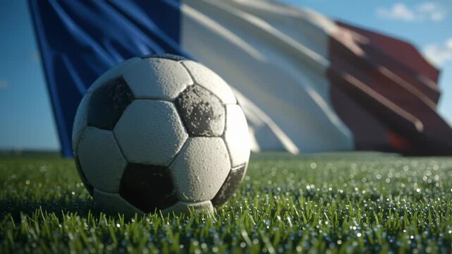 Soccer ball on grass field with blurred French flag in background.