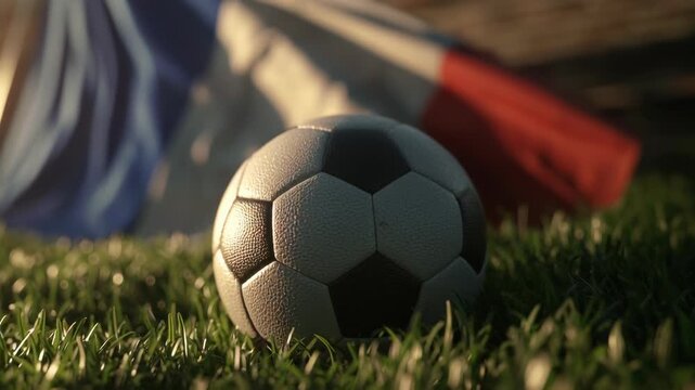 Close-up of a soccer ball on grass with a blurred French  flag background.