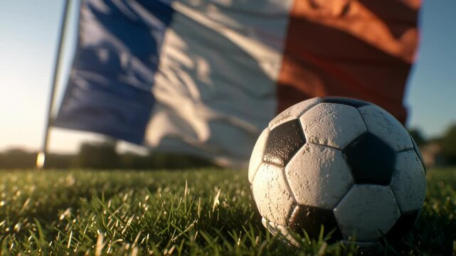 Close-up of a soccer ball on grass with a blurred French flag in the background.