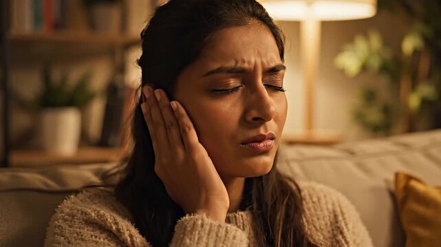A woman with her hand on her ear experiencing tinnitus and hearing loss in a cozy living room with a concerned expression on her face at home.